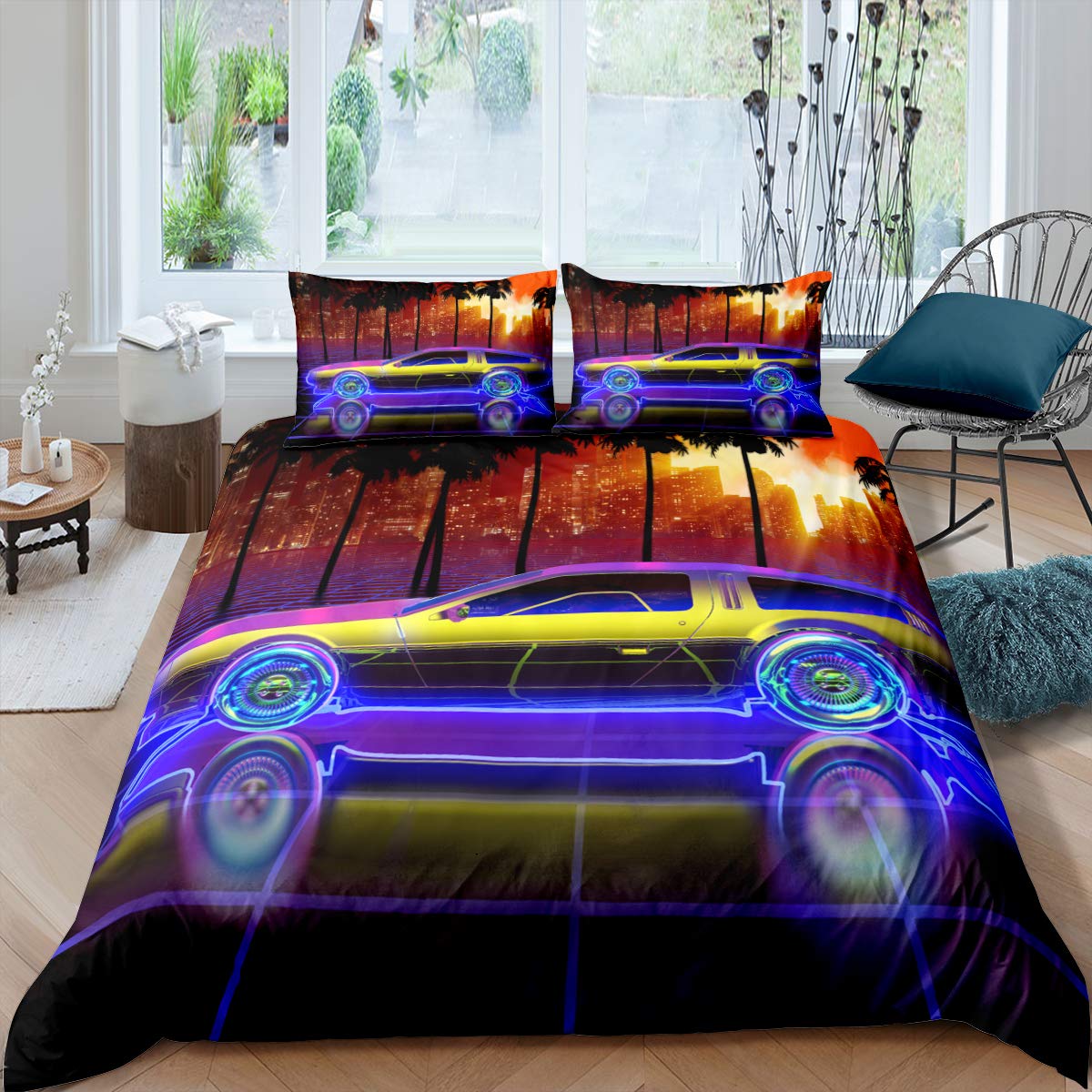 Race Car Duvet Cover Set, Speed Sports Car Comforter Cover Single Size for Kids Boys Girls Teens, Palm Tree Natural Quilt Cover Cool Automobile Purple Bedding Set Grunge Room Decor