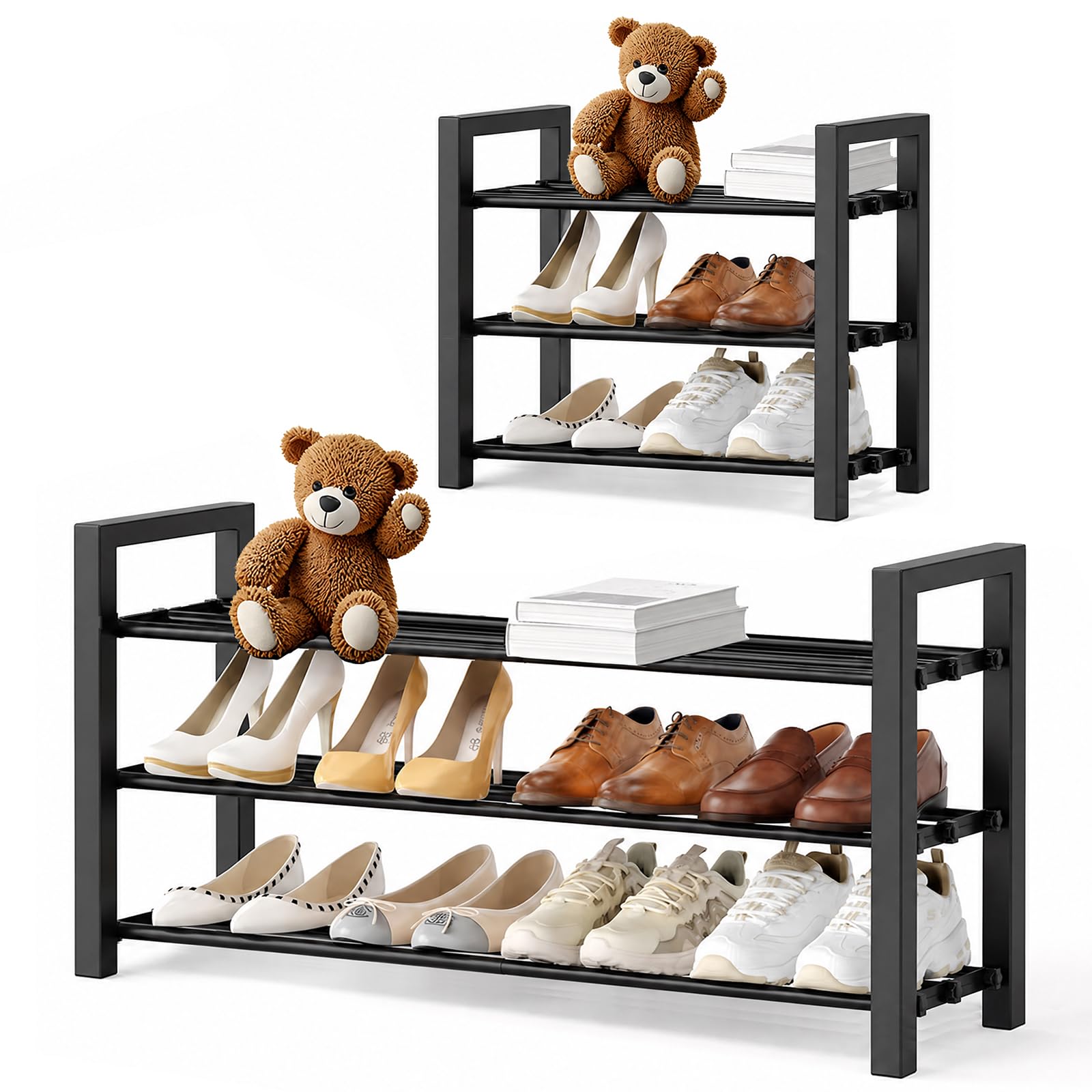 MIKVOYO 3 Tier Expandable Shoe Rack, Adjustable Heavy Duty Storage Organizer, Free Standing Metal Shoe Shelf for Entryway Closet Hallway Badroom, Black
