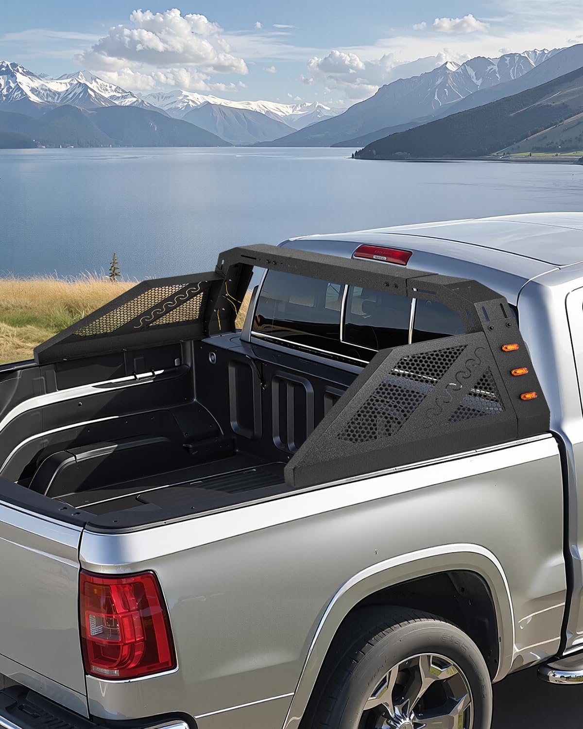 VEVOR Überrollbügel aus Karbonstahl Chase Rack für die Ladefläche, universeller Pickup Sport-Überrollbügel mit 6 bernsteinfarbenen Zusatzscheinwerfern für Pickups in Voller Größe (kein Träger)