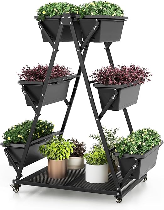 Giantex 6-Tier Rolling Raised Garden Bed, Vertical Planter Stand on Wheels with 6 Garden Boxes, Storage Shelf, Indoor Outdoor Freestanding Raised Beds for Flower Strawberry Vegetable Herb