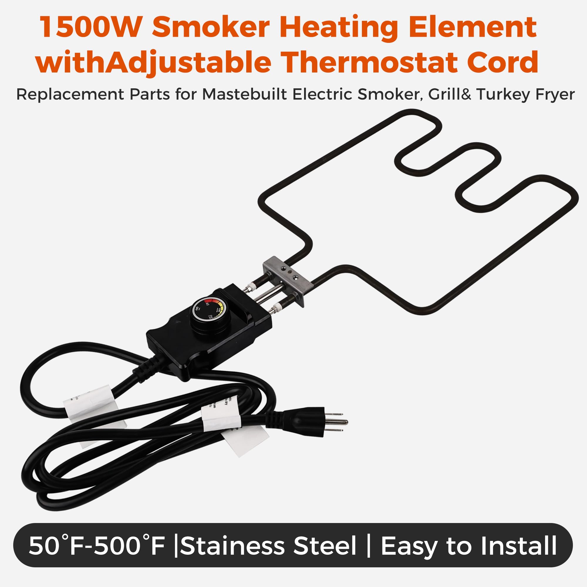 Elemento riscaldante da 1500 Watt, da 10 °C a 232 °C, per affumicatori elettrici e griglie Masterbuild, con cavo termostato regolabile e scatola di collegamento in acciaio inox Romalon