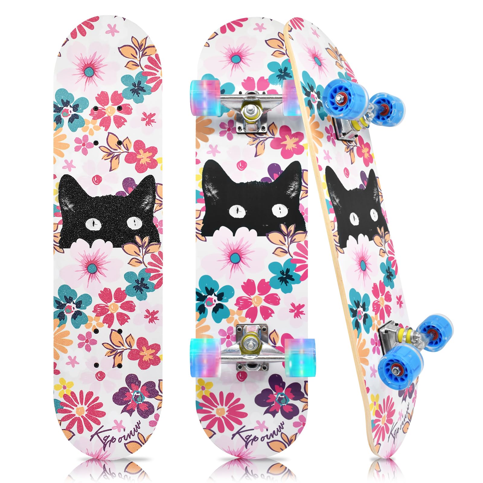 Standard Skateboards with Colorful Flashing Wheels for Beginners Kids Teens 7 Layer Maple Complete Skateboard for Girls Boys