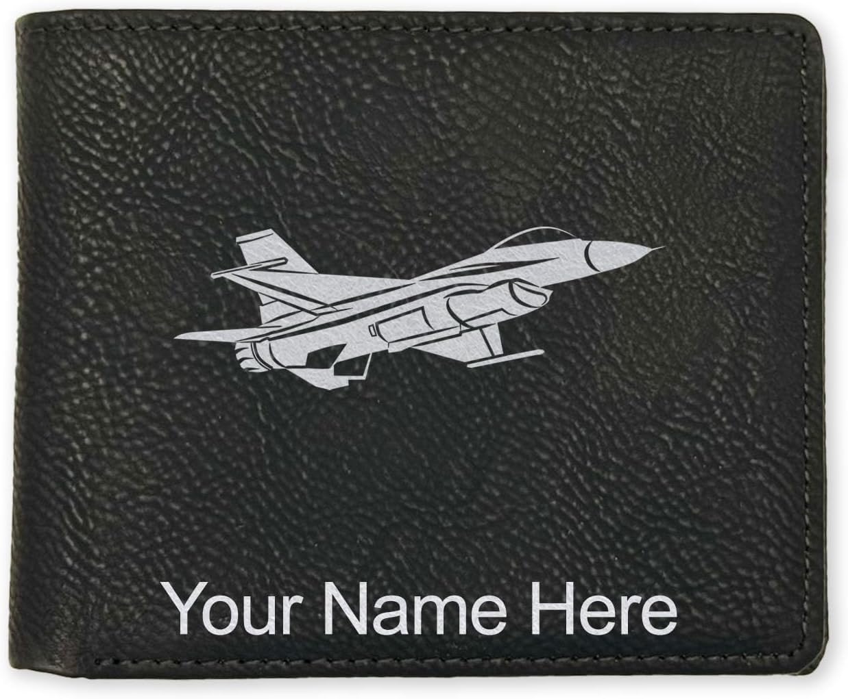 LaserGram Faux Leather Bi-Fold Wallet, Fighter Jet 1, Personalized Engraving Included (Black with Silver)