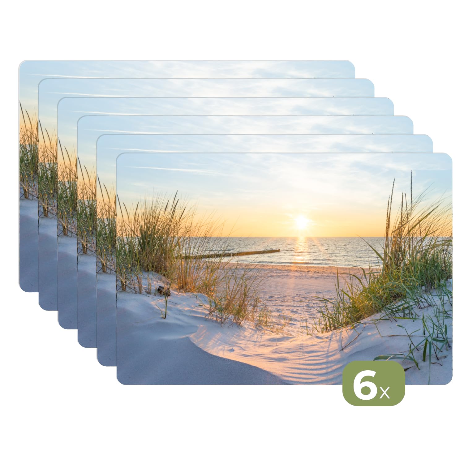 KitchenYeah© Platzsets Abwaschbare Placemats Set 6 45x30 cm Tischsets Platzdeckchen Platzset Tischset Esstisch Telleruntersetzer Waschbar Strand - Sonne - Düne - Gras - Sand - Horizont