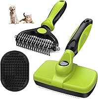 Augwind 3PCS Self-Cleaning Slicker Brush, Dematting Grooming Rake & Bath Brush for Dogs Cats Horses - Deshedding Kit