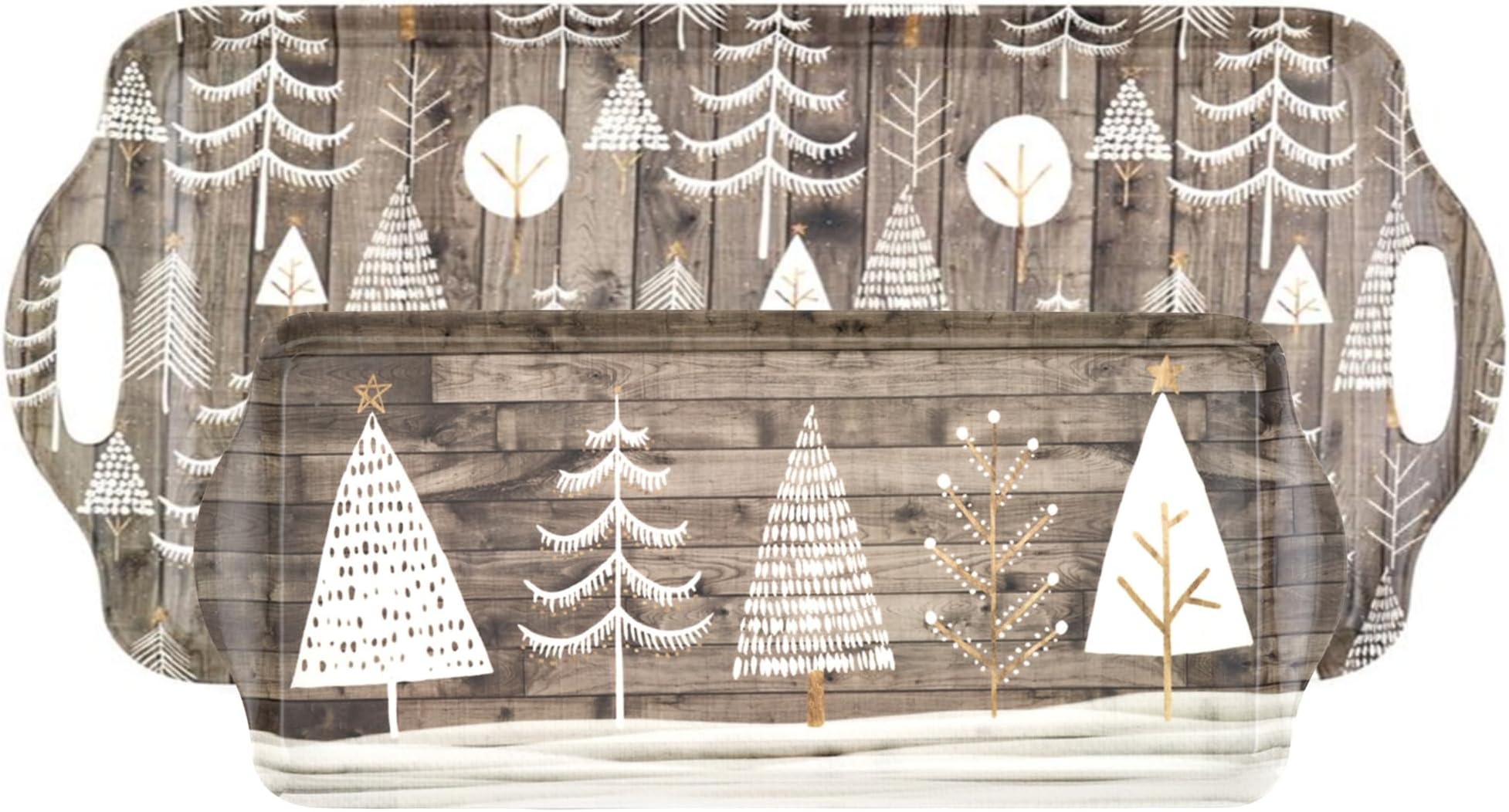 Wooden White Christmas Trays, Set of 2 - Rectangular Melamine Serving Trays with Holiday Tree Design, Decorative Kitchen & Dining Platters - 15" x 6.5" & 19" x 11.6", Dishwasher Safe
