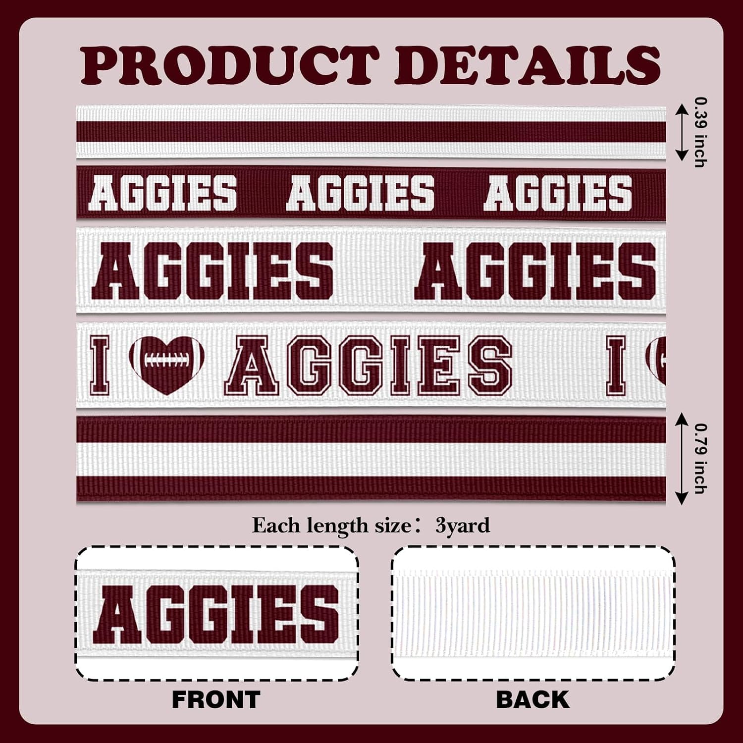 Aggies Maroon Ribbon 5 Pack 15 Yards, 2 Widths (3/8" 7/8") Grosgrain Hair Bow Ribbon for Crafts Game Day Party Decorations Gift Wrapping image 2