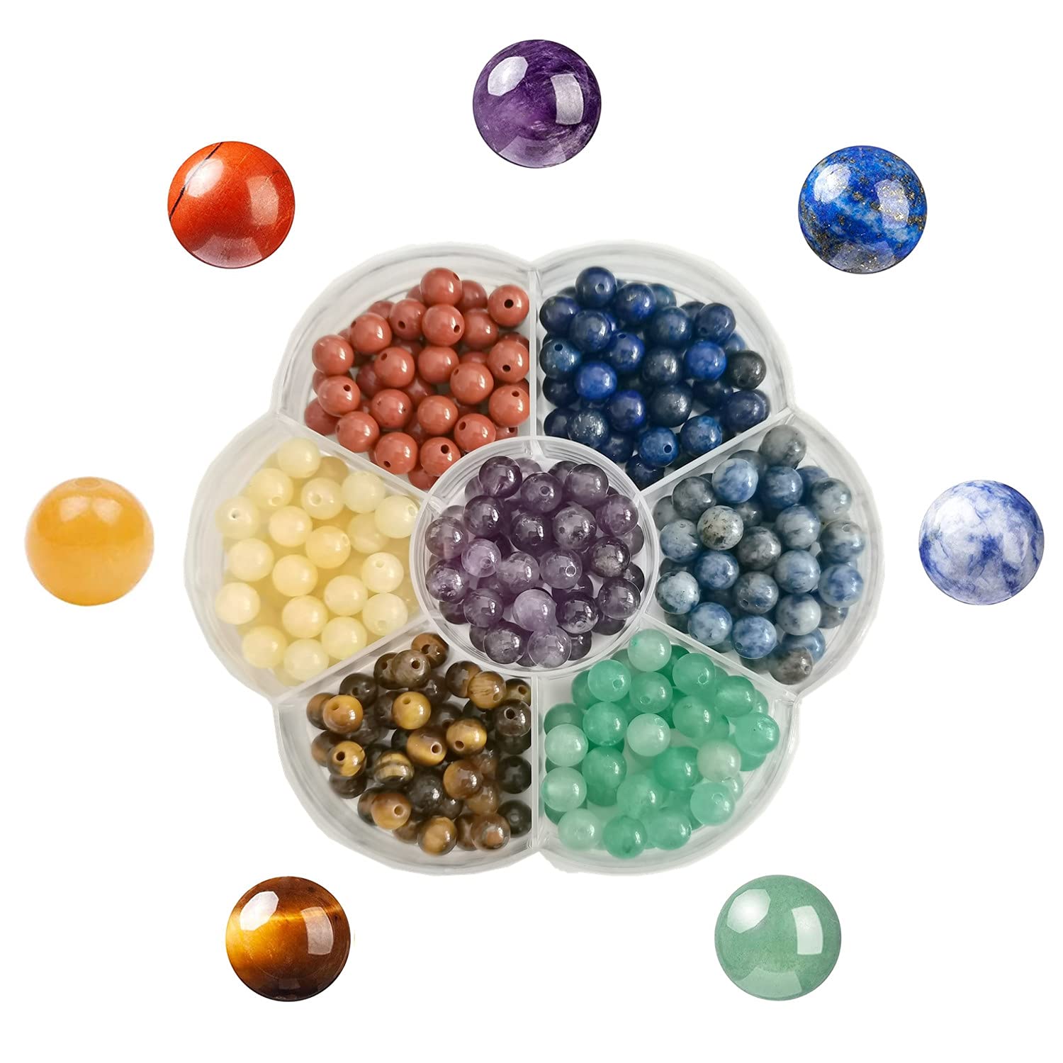 280pcs 6mm 7 Chakra Real Natural Round Stone Beads Smooth Crystals Loose Gemstone Multi Color Mixed DIY for Jewelry Making(6mm,7 Chakra Color