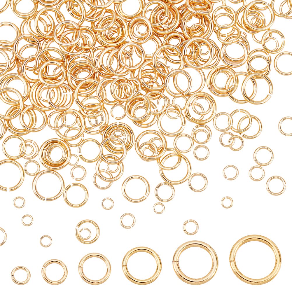 PH PandaHall 300pcs 14K Gold Plated Jump Rings, 6 Size Brass Open Jump Rings Golden Connector Rings Jewelry Making Supplies for Choker Necklaces Bracelet Jewelry Repair, Diameter: 3~8mm