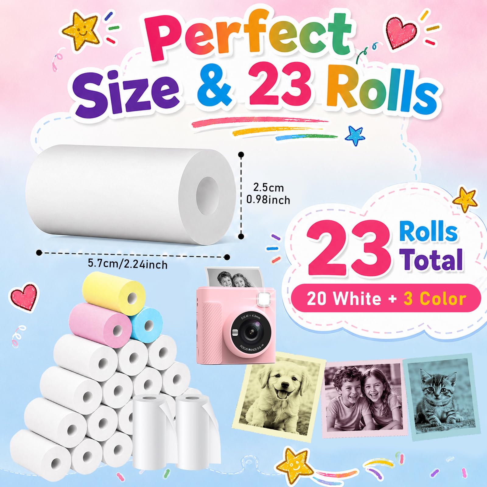 23 Rollos Papel Térmico para Cámara Infantil, 20 Blancos + 3 Colores (Rosa, Azul, Amarillo), Rollo Papel Cámara Fotos Infantil Instantánea, Fácil de Recargar, 5.7 x 2.5 cm