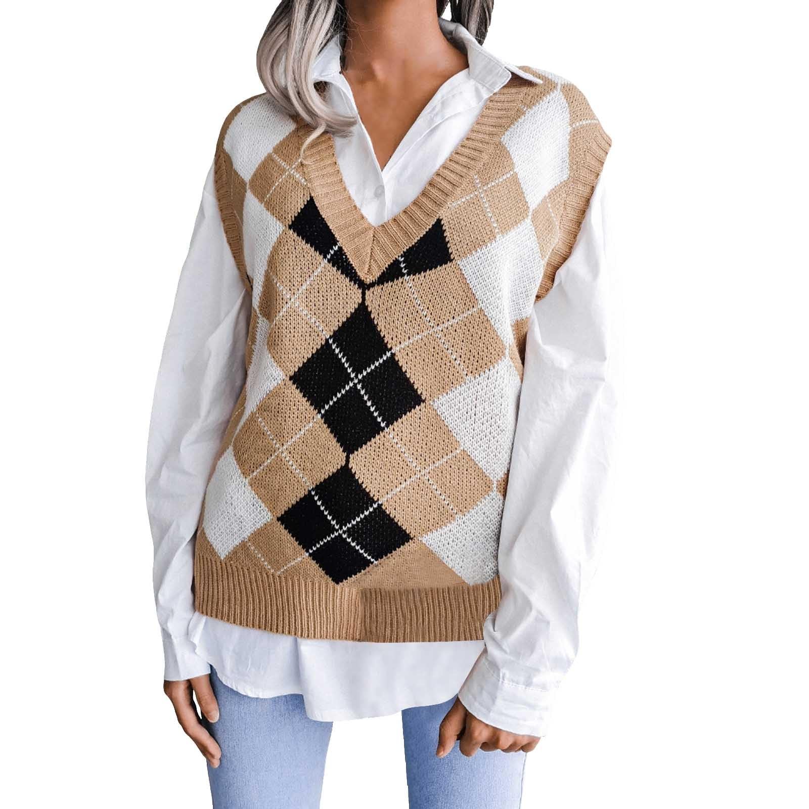 Adretter Stil Pullunder Damen Ärmellose Strickweste Argyle Karo Strickpullover Casual Vintage Preppy Stil Strickpulli Karierte Sweater Winterweste Loose Fit Strickwaren Tank Top