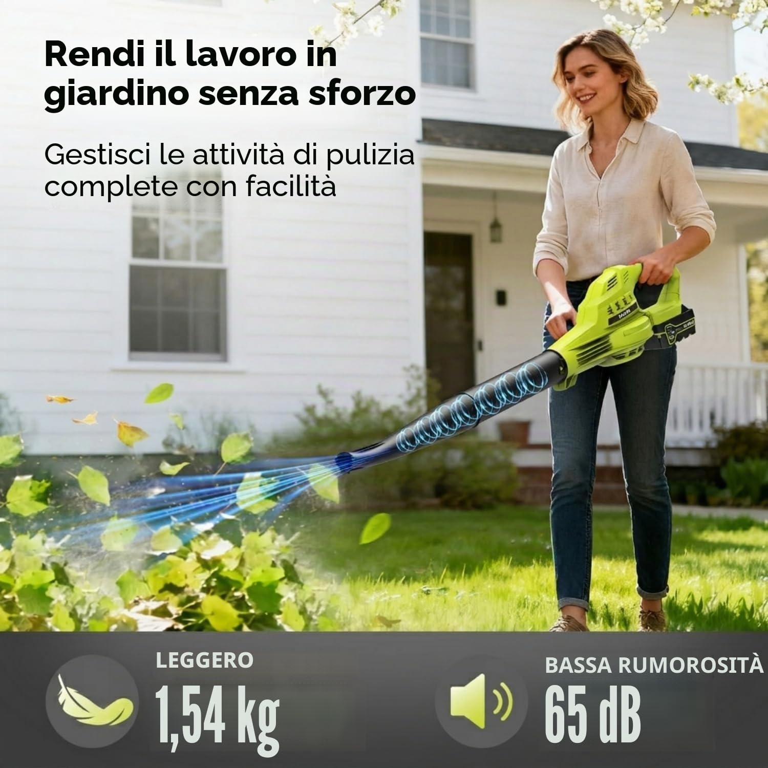 Soffiatore per Foglie a Batteria con 2 Batterie da 4000 mAh e Caricatore, 242 km/h, Soffiatore Senza Fili Leggero, 3 Velocità Regolabili, Soffiatore Elettrico Compatto per Foglie, Polvere, Giardino