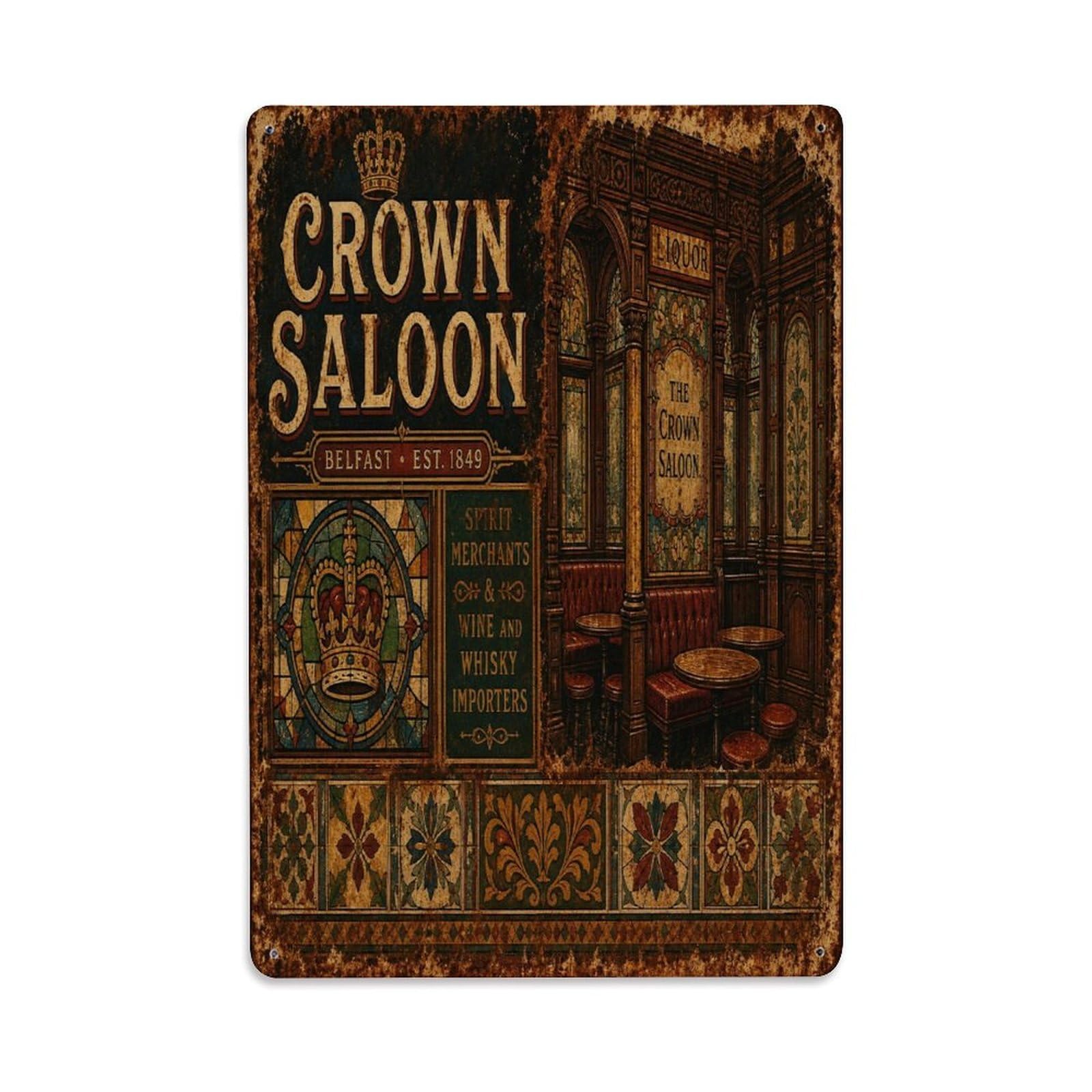 Belfast Victorian Pub Interior Heritage Travel Metal Tin Sign Plaque Wall Decor for Cafe, Man Cave, Club Bar, Office, Home Garden Round Metal Poster 8x12Inch