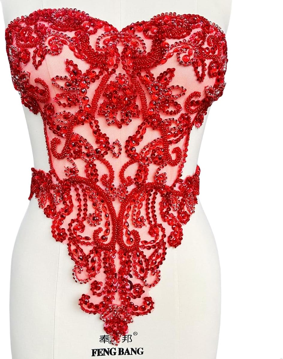 Pure Hand Sewing Beads Appliques sew on Rhinestones Sequins Crystals Trim Patches for Wedding Dresses DIY Accessories 18X19in (Red)