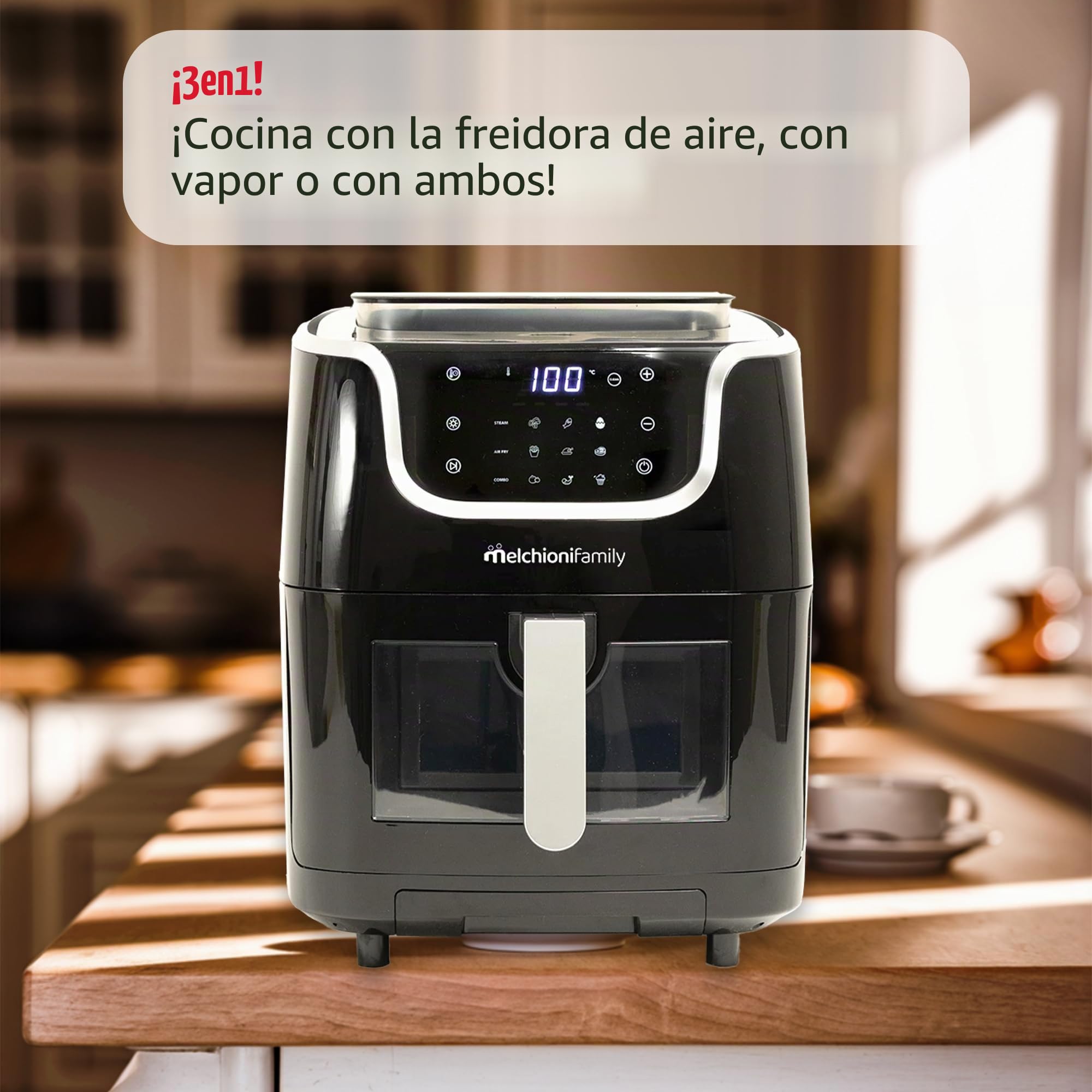 Freidora de Aire Melchioni Gioia 3in1 con Función de Cocción al Vapor, Capacidad de 6,5L, Pantalla Táctil, 30 Programas Preestablecidos, Temporizador y Temperatura Regulable, Potencia de 1700W.