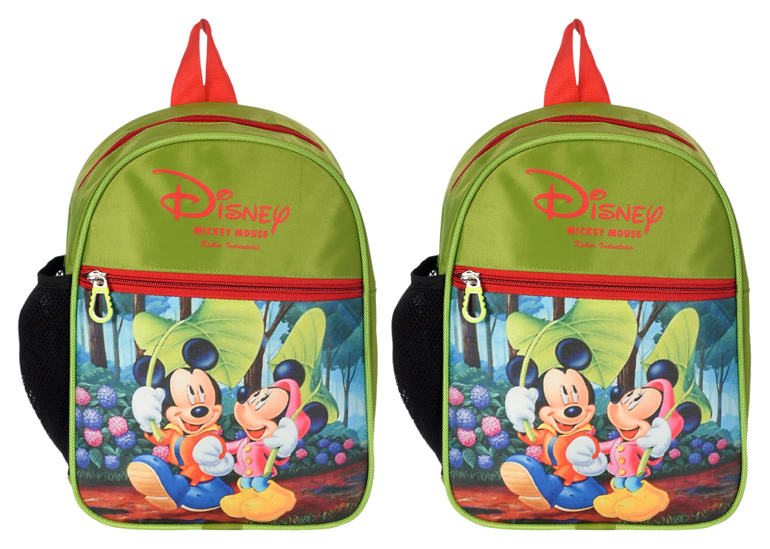 Kuber Industries Mickey & Minnie Print Rexine Lightweight, Portable School Bag, Backpack, Bookbag For Kids Pack of 2 (Green)