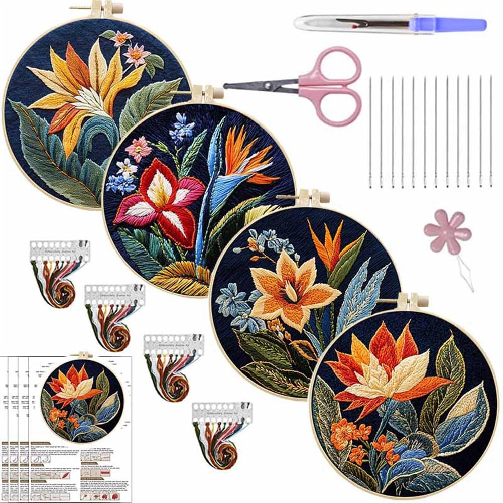 Meecaa 4P Embroidery Kit Starter Set, Flower Plant Hand Embroidery Set, Pattern Printed Cross Stitch Set for Beginner Adults, with Embroidery Hoop and Instructions (Flower)