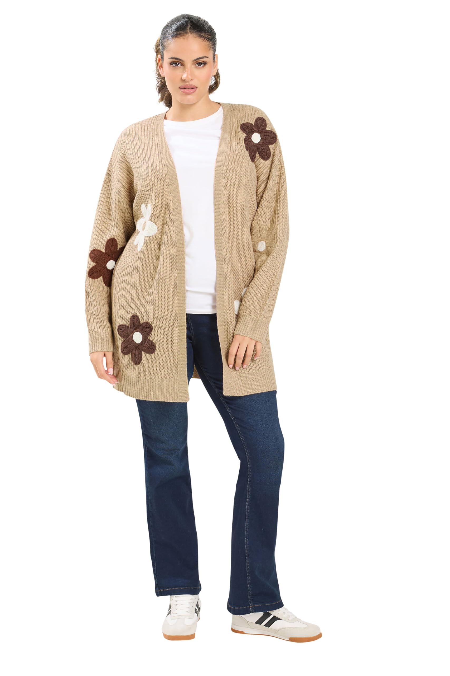 Yours Women's Natural Curve Brown 3D Floral Midi Cardigan - Plus Size Curve