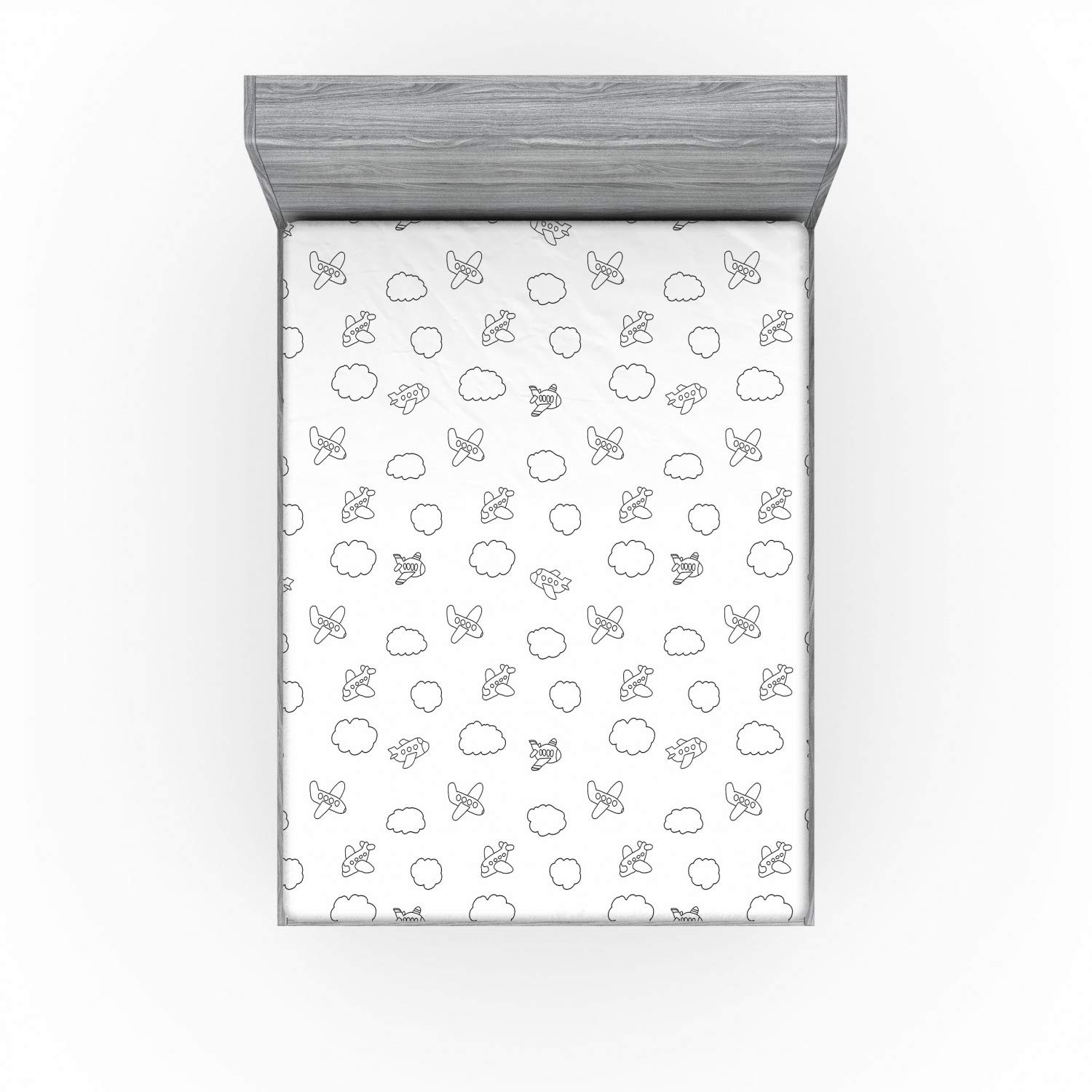 Ambesonne Airplane Fitted Sheet, Childish Boys Pattern with Little Aeroplanes and Puffy Clouds in Doodle Style, Soft Decorative Fabric Bedding All-Round Elastic Pocket, Full Size, Black White