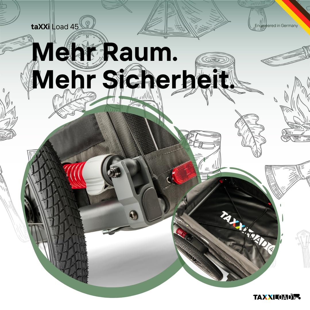 TAXXI Load 45 Lastenanhänger mit Federung für Fahrrad – Stabiler Fahrradanhänger bis 45 kg – gefedert, klappbar, wetterfest, Reflektoren, Kupplung, für Alltag & Freizeit