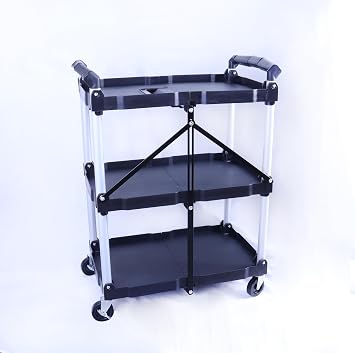 Foldable Utility Service Cart, 3 Shelf 165LBS Heavy Duty Plastic Rolling Utility Cart with 360 Swivel Wheels, Ergonomic Storage Handle for Warehouse/Garage, Black
