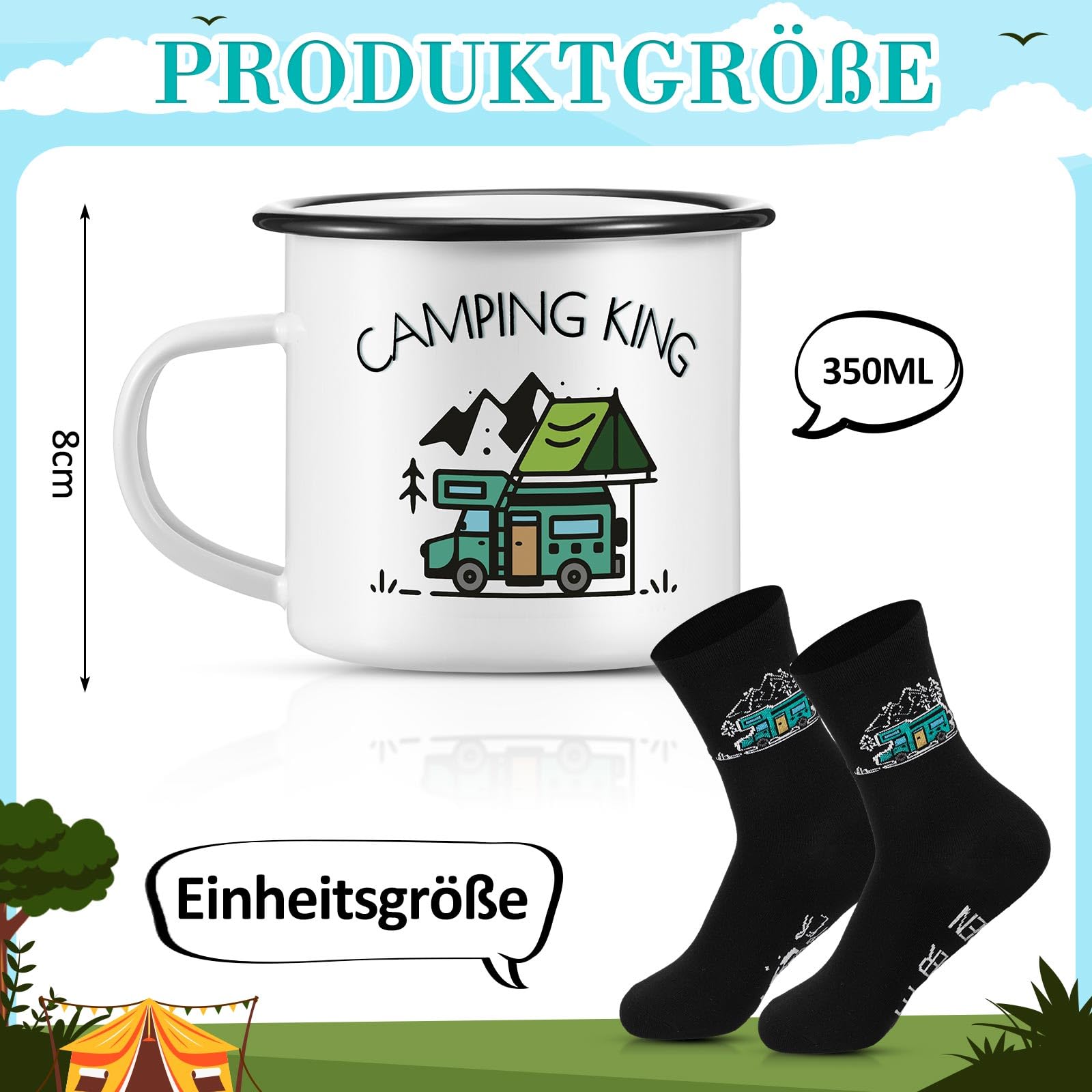 2 Pezzi Regalo da Campeggio per Uomo 1 Tazza Smaltata Camping King 1 Paio di Calzini da Campeggio Gadget Accessori da Tenda per Escursioni in Roulotte