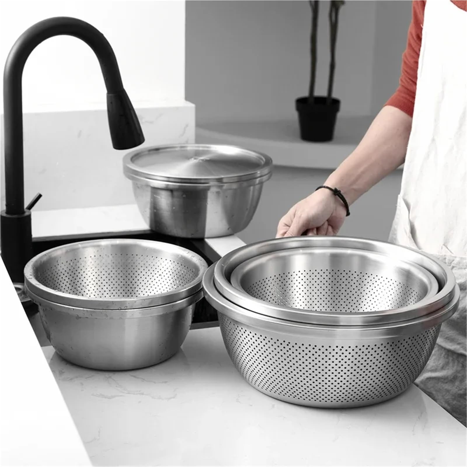Durszlak Sitko Miska do mieszania 304 Kosz spustowy ze stali nierdzewnej Warzywo Ryż Umywalka Sito wycieku wody Siatka filtra sezamowego(28cm hole basin)
