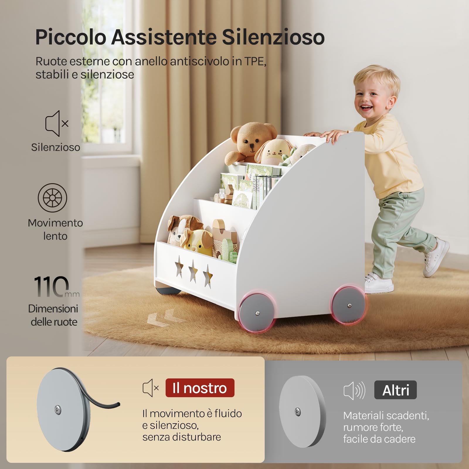 WOLTU Libreria per bambini in legno, scaffale per giocattoli a 3 livelli, organizza libri con ruote cameretta, bianco