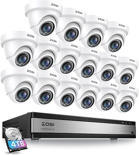 Sistema de cámaras de seguridad ZOSI H265 1080p de 16 canales CCTV DVR de 16 canales con disco duro de 4TB y 16 cámaras domo de 1080p de interior y