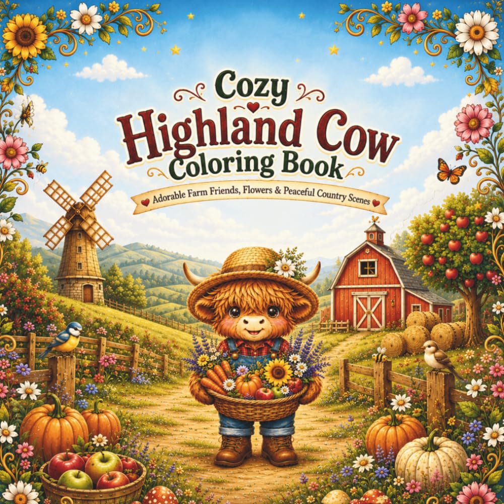 Cute Highland Cow Farmer Coloring Book: 40 Cozy Farm Adventures with Adorable Highland Cows | Bold & Easy Coloring Pages for Relaxation and Creativity