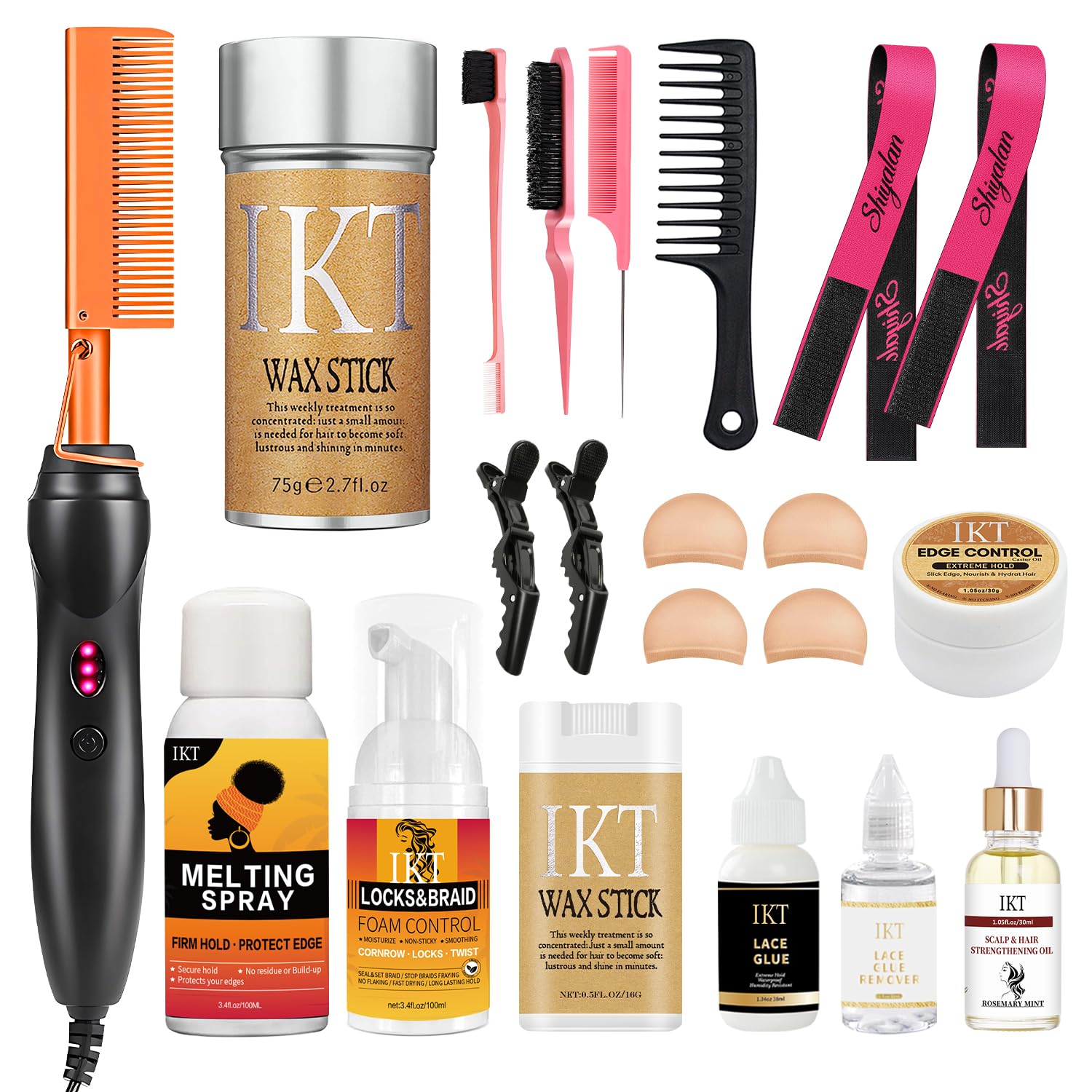 Hot Comb Set 21Pcs, Electric Hair Straightener Pressing Comb for Black Hair with Wig Wax Stick, Lace Band, Rat Tail Comb & Salon Clips