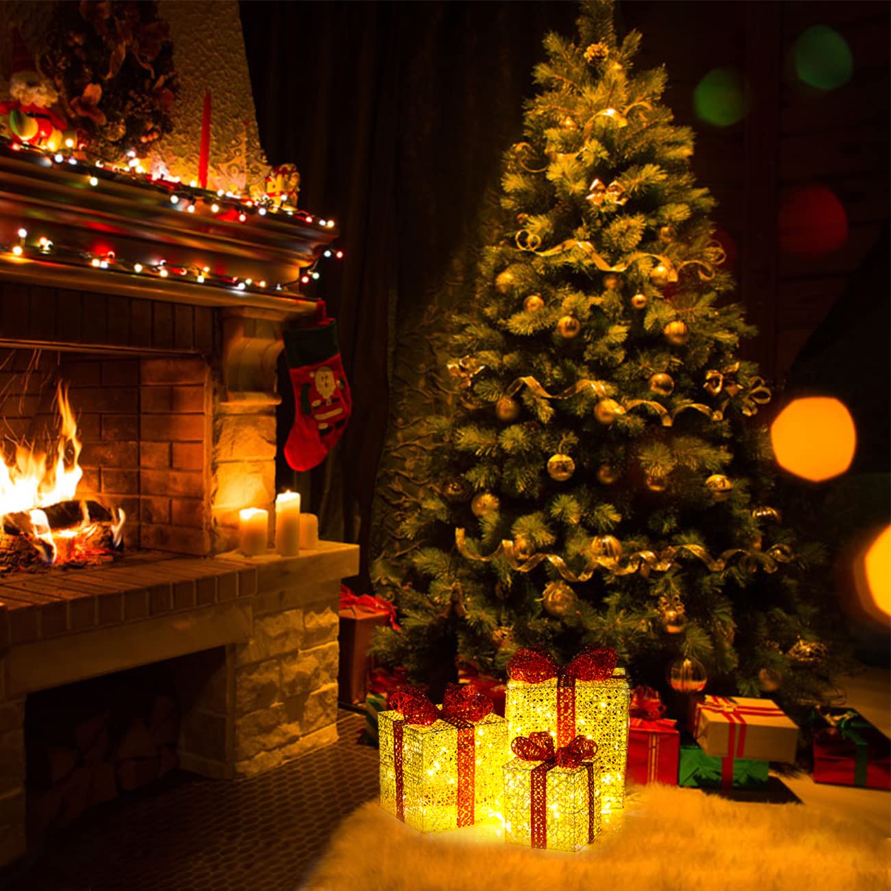 Sunnyglade Set di 3 scatole regalo natalizie illuminate con fiocchi, per Natale, matrimoni, cortile, casa, vacanze, decorazioni artistiche (oro)