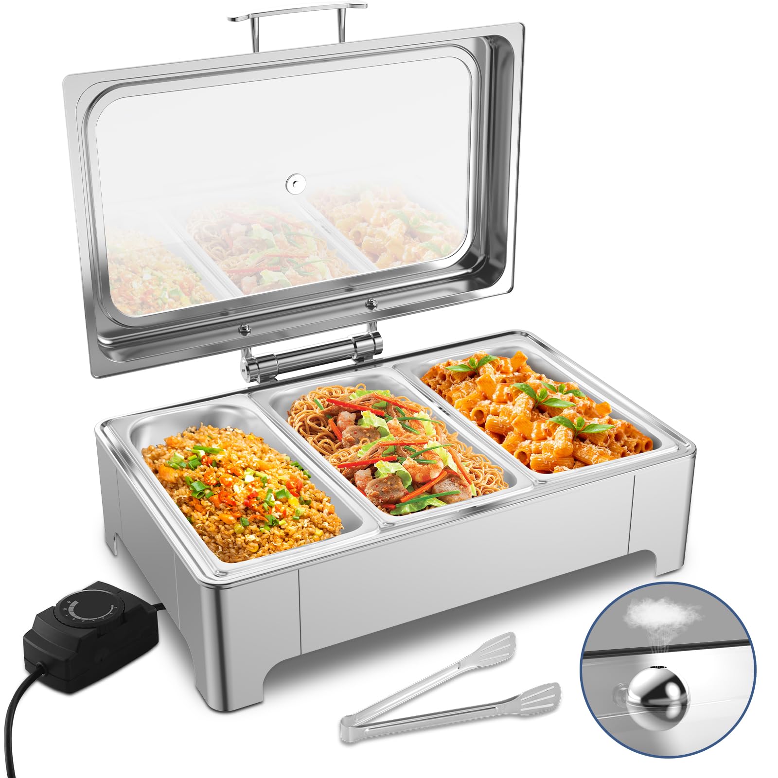 THXSUN Electric Chafing Dish, 3 x 3QT Electric Food Warmer, Roll Top Stainless Steel Buffet Server with Glass Lids for Catering & Events