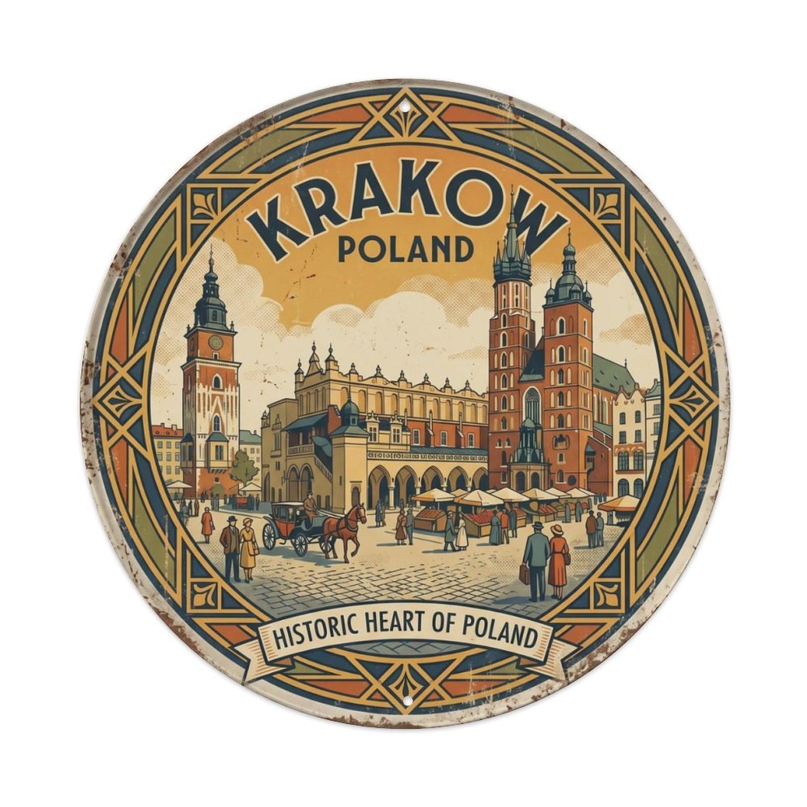 Vintage Travel Krakow Poland Square Metal Tin Sign Plaque Wall Decor for Cafe, Club, Garden Round Metal Poster 8x8Inch