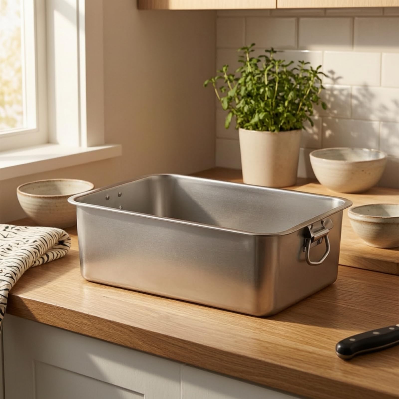 Vassoio Buffet Rettangolare in Acciaio Inox Resistente Vassoio da Buffet in Acciaio Inox con Manici Piatto da Portata per Operri Ristorazione, 27x20x10 Cm