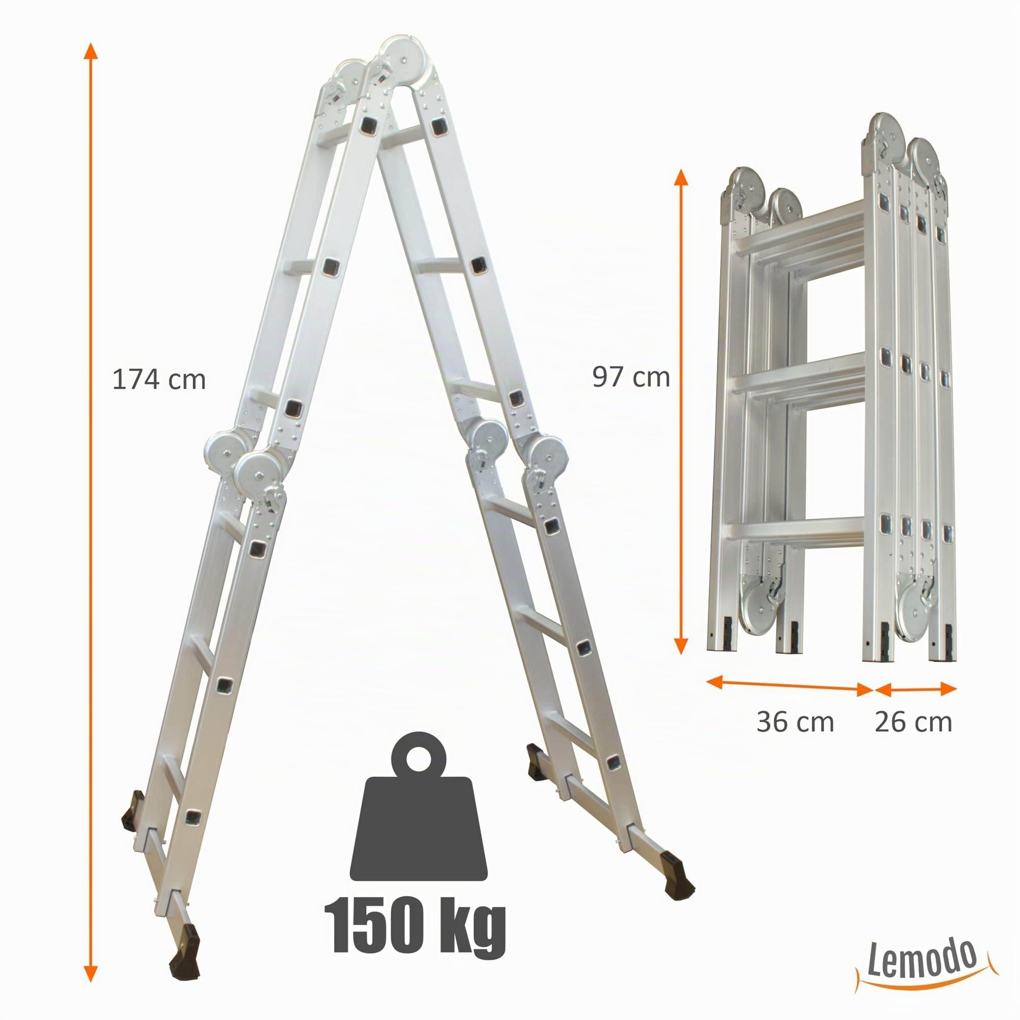 Alu Multifunktionsleiter | 12 Sprossen Leiter klappbar 4-teilig | 356 cm Länge | Gelenkleiter Leitergerüst Klappleiter Stehleiter Aluleiter Anlegeleiter Bockleiter | bis 150 kg
