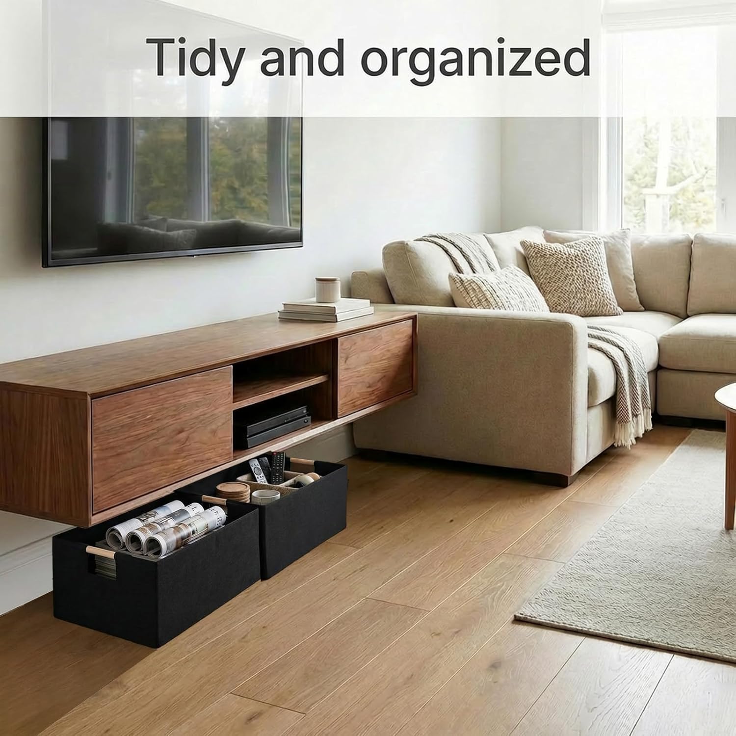 4 Pcs Fabric Storage Bins with Handle Black Collapsible Shelves Storage Basket Rectangle Wardrobe Organizer for Closet Shelves Sorting Toy and Clothes(15 x 10.6 x 6 Inch)