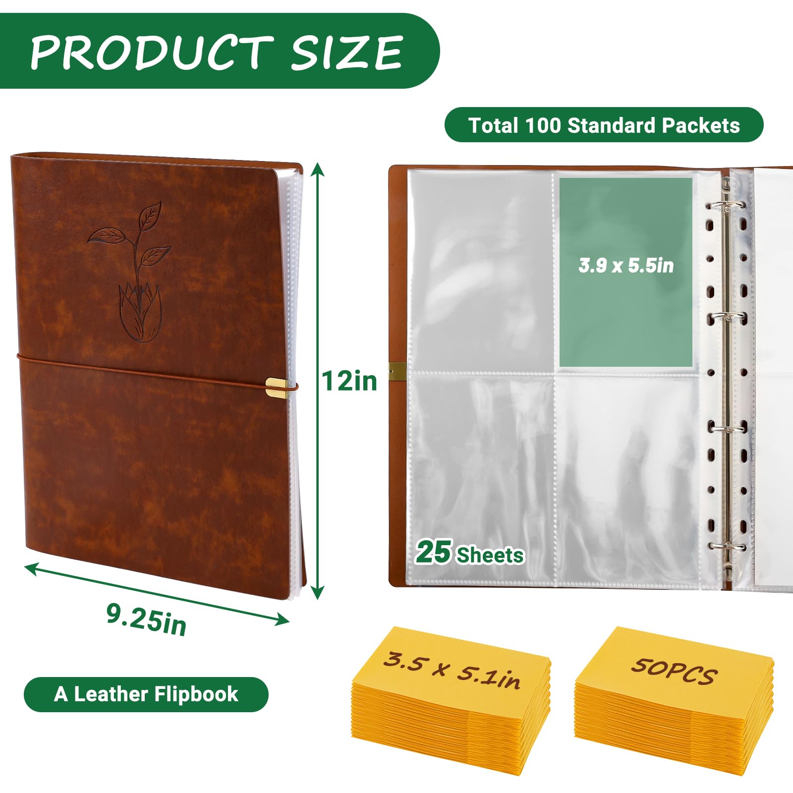 Carpeta organizadora de paquetes de semillas, paquete de planificador de jardín con 25 fundas transparentes de bolsillo (tamaño de la ranura 3.9 x 5.5 pulgadas), 50 sobres de almacenamiento de