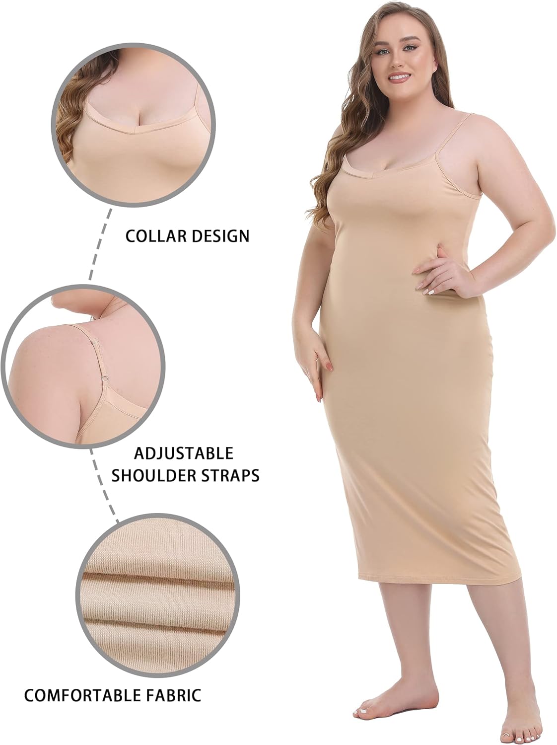 Vlazom Women's Plus Size Full Slip Dresses Adjustable Spaghetti Strap Under Dresses Long Nightgown V-Neck Cami Dress - Image 3