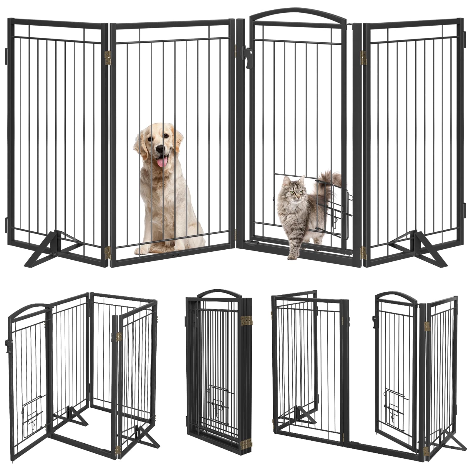 36" Tall Metal Freestanding Dog Gate with Cat Door for Indoor&Outdoor,80" Extra Wide Foldable Pet Gate,Foldable Indoor Dog Fence for Wide Openings