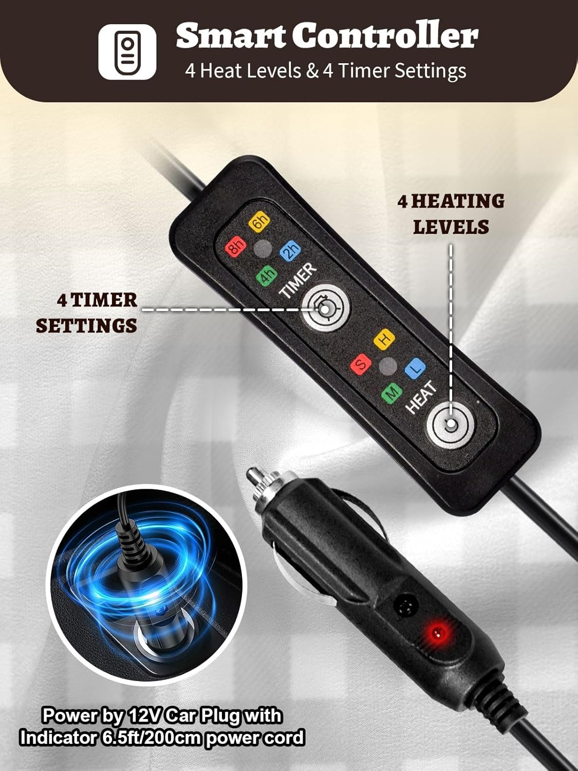 12V Car Heated Blanket 59"x39"Portable Heated Blanket for Travel with 4 Heating 4 Timing Settings Soft and Comfortable for Car SUV Camping(Black&White) - Image 5