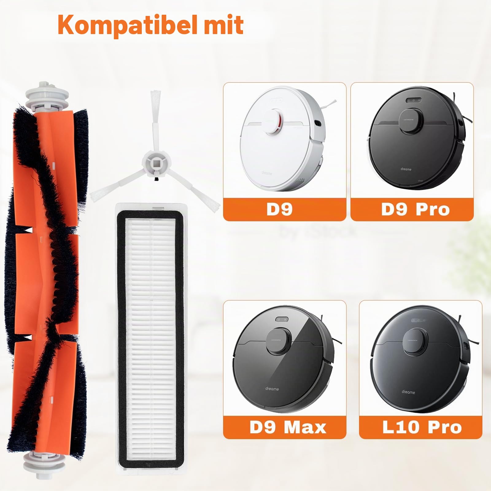 Chuancheng 12-teiliges Zubehör-Set für Dreame D9, D9 Max, D9 Max Gen2, D9 Pro, L10 Pro Staubsaugerteile, 2 Hauptbürsten, 4 Seitenbürsten, 4 Filter, 1 Reinigungsbürste, 1 Schraubendreher (weiß)
