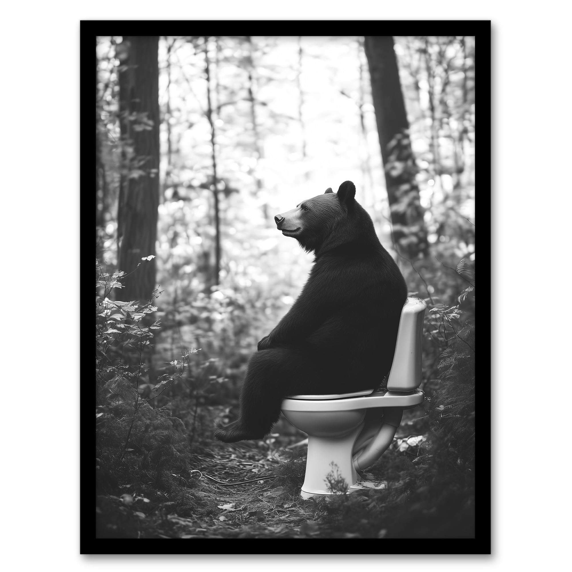 Artery8 Grizzly Bear Toilet Black White Forest Landscape Bathroom Toilet Artwork Framed Wall Art Print A4