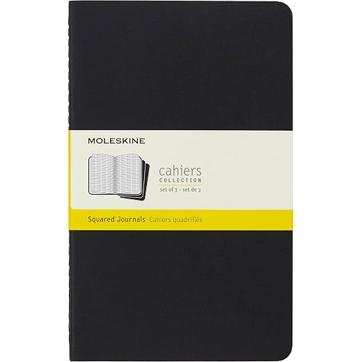 Moleskine Cahier Journal, Soft Cover, Large (5" x 8.25") Squared/Grid, Black, 80 Pages (Set of 3)