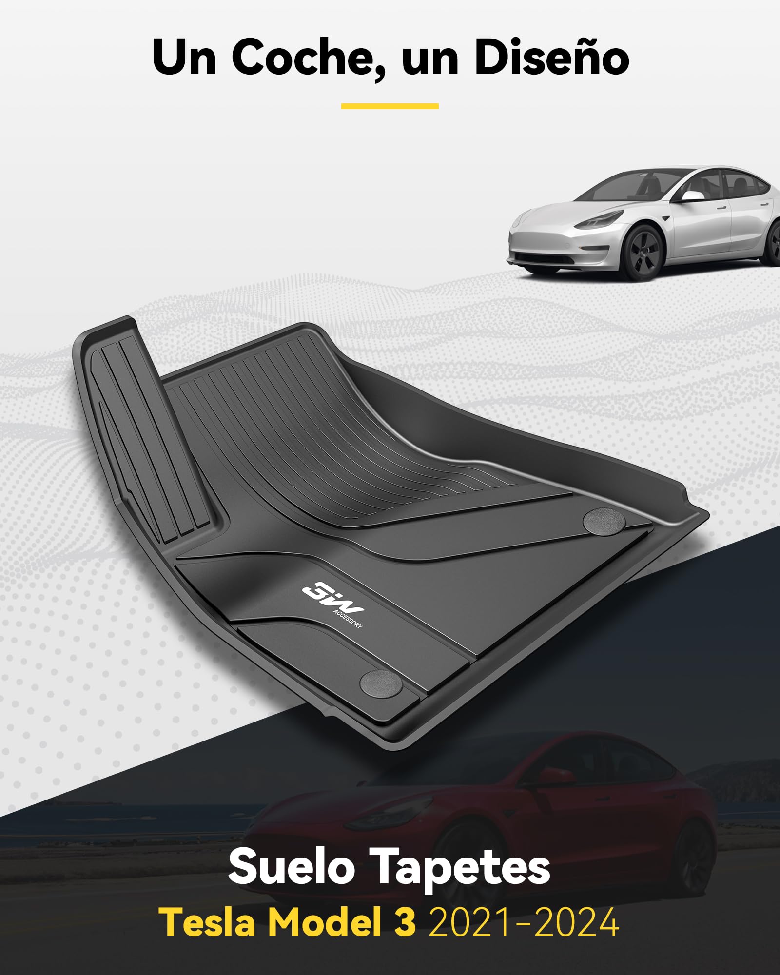3W Alfombrillas de Coche para Tesla Model 3 2017-2023, TPE Alfombrillas para Todo Tipo de Clima para Tesla Model 3 la 1ª y 2ª Fila Juego Completo, Admite Perros, Accesorios, Negro