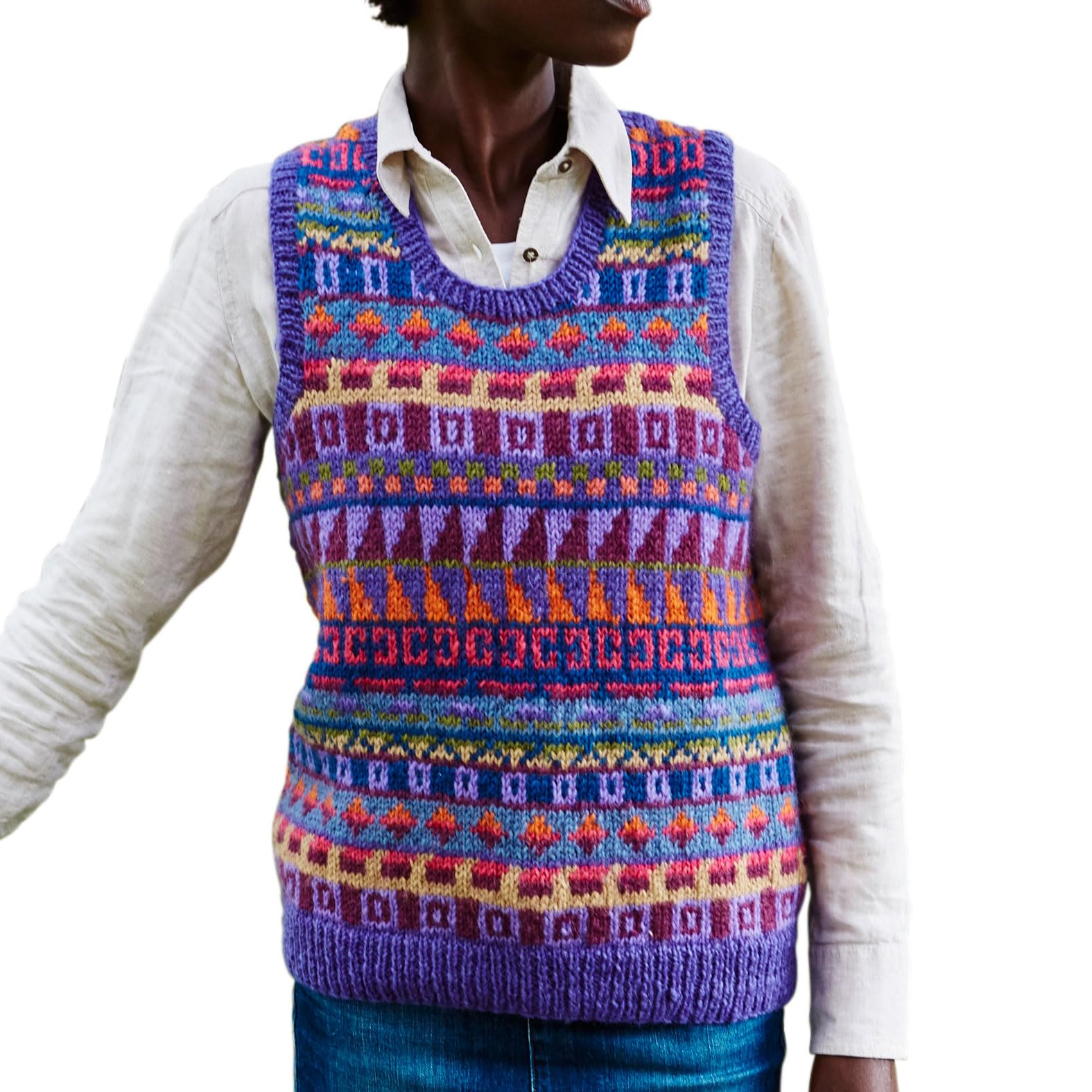 Pachamama Women Wool Tank Top Handknitted Geometric Purple Multicoloured Handmade Extra Warm Sleeveless Jumper Fair Trade (as8, Alpha, m, Regular, Regular)