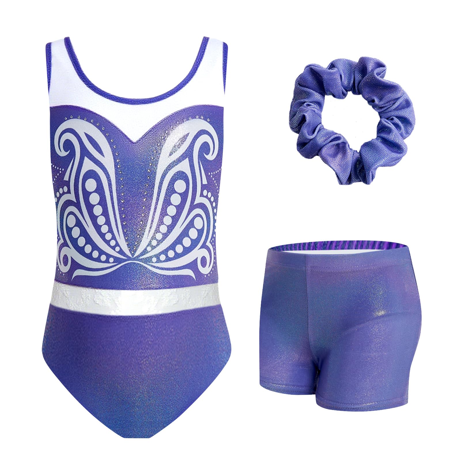 JiAmy Turnanzug Mädchen Ärmellos, Kinder Glitzer Gymnastik Turnanzug Leotard mit Shorts und Haarband, Gymnastikanzug Turnbody Ballett Tanzender Ballettanzug für 3-12 Jahre