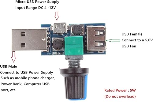 Miniatura 2 de NOYITO Regulador de controlador de velocidad continua con ventilador USB de 5 V con módulo de velocidad de interruptor DC 4-12V a 2.5-8V 5W (paquete
