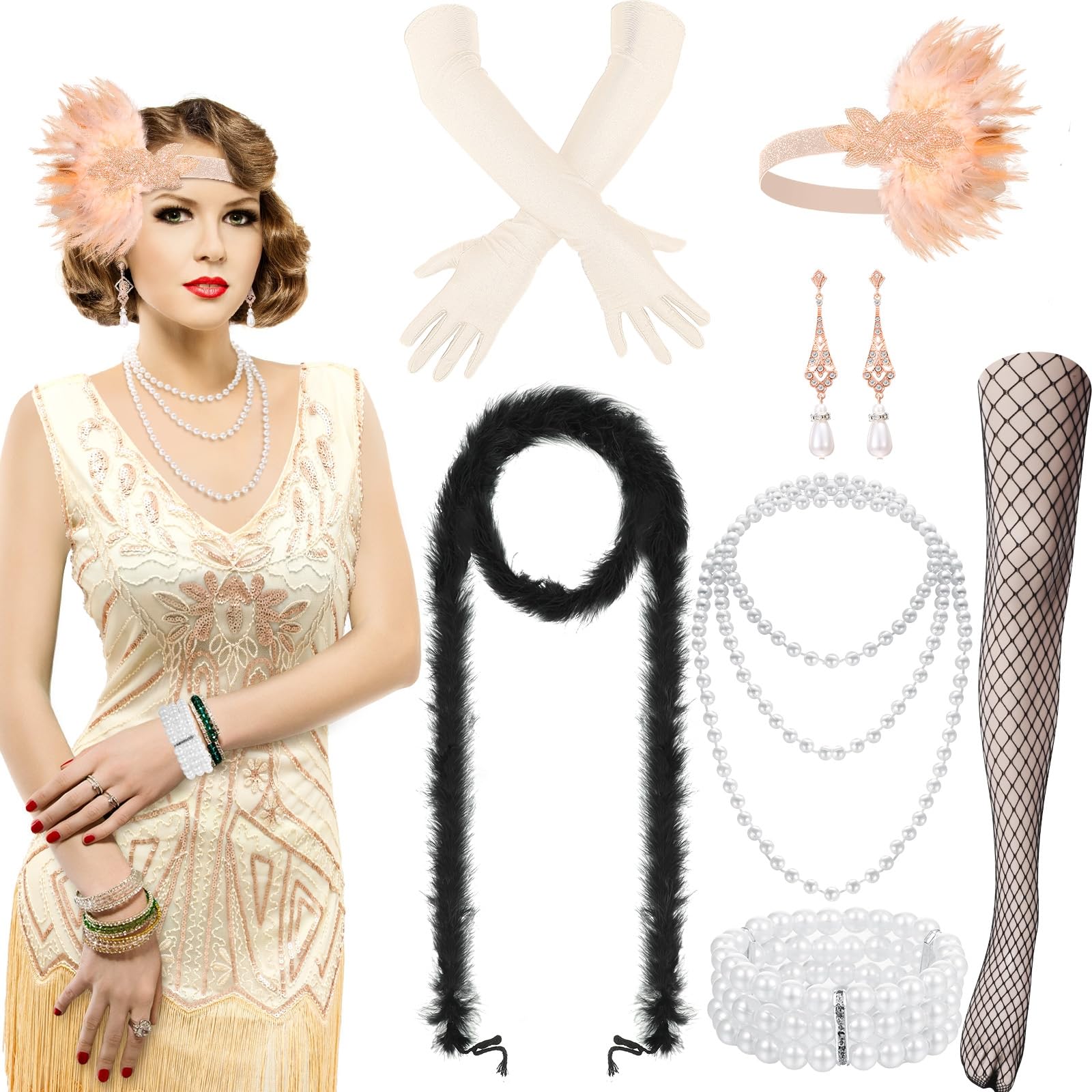 Shinymoon 9 Pcs Women Halloween 1920s Flapper Dress Costume Set V Neck Fringed Flapper Dress with 20s Accessories for Party (Medium)