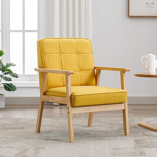 Okeysen Silla decorativa moderna de mediados de siglo, silla auxiliar retro de madera y tela, silla de lectura cómoda para sala de estar,